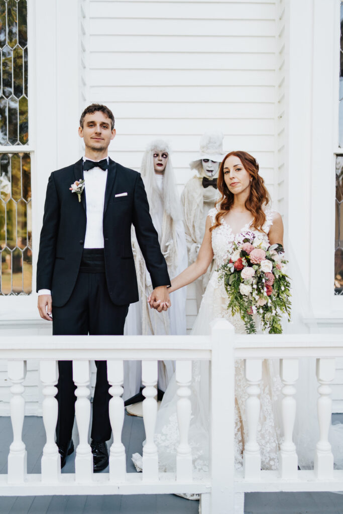 Corpse mannequins as subtle Halloween wedding decor at The Whitlock Inn