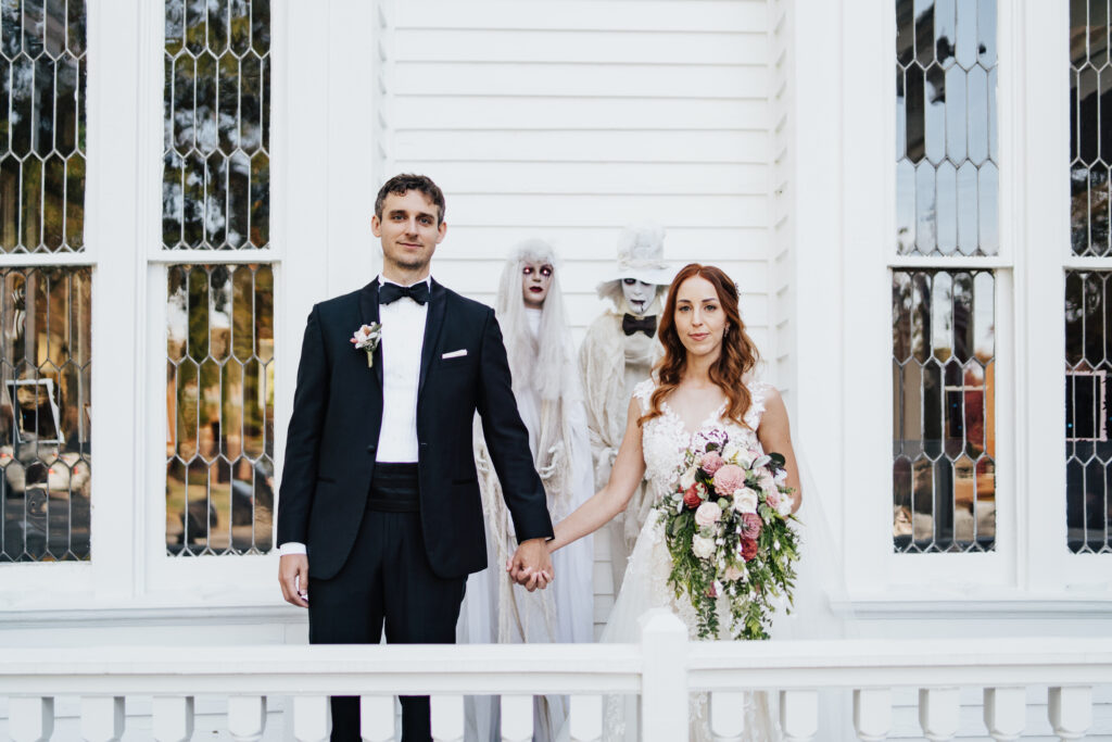 Bride and groom portraits at The Whitlock Inn during their Halloween wedding